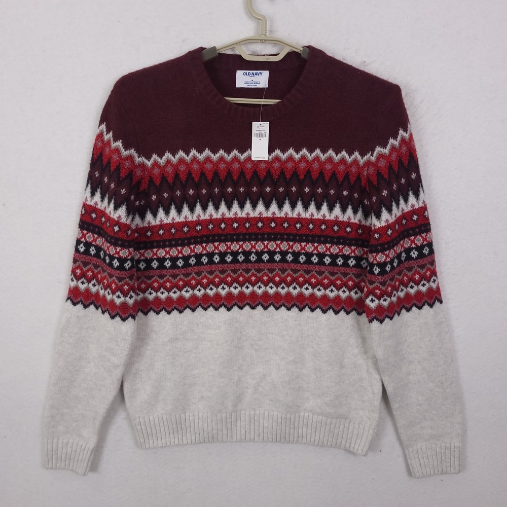 Old Navy SoSoft Fair Isle Sweater Mens Medium Burgundy Red Cream Holiday
